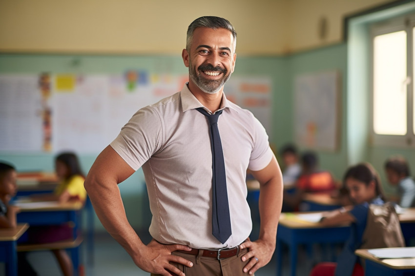 Smiling Indian male teacher working on a blurred background Smiling Indian male teacher working on a blurred background