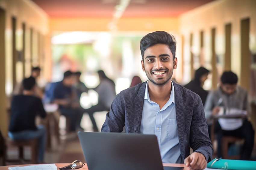 Smiling Indian college student working blurred background Smiling Indian college student working blurred background