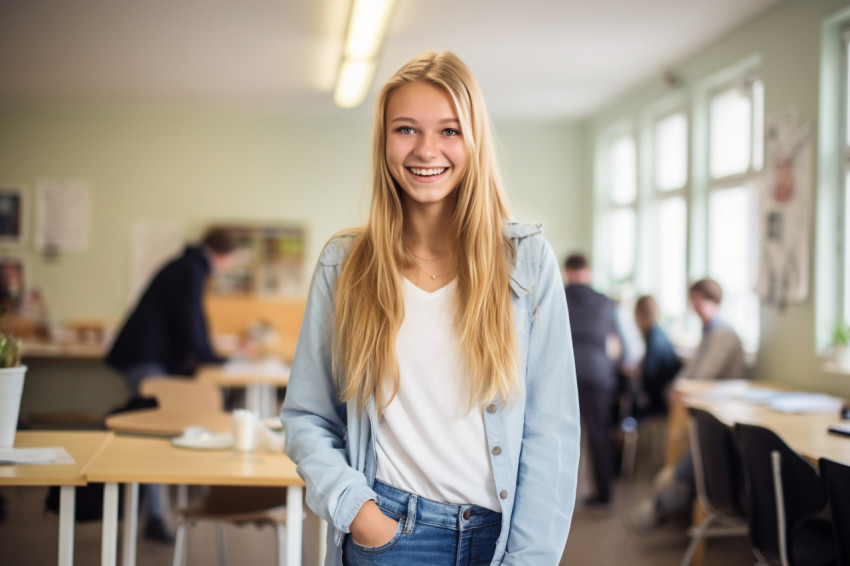 Smiling high school girl working blurred background Smiling high school girl working blurred background