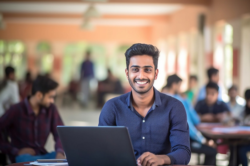 Smiling Indian college student working blurred background Smiling Indian college student working blurred background