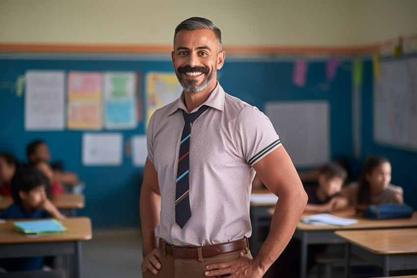 Smiling Indian male teacher working on a blurred background Smiling Indian male teacher working on a blurred background