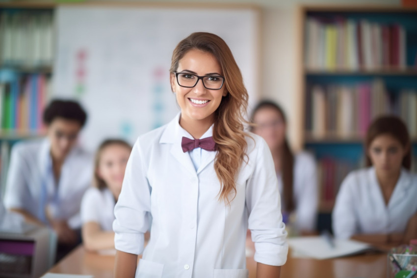Smiling science teacher working on blurred background Smiling science teacher working on blurred background