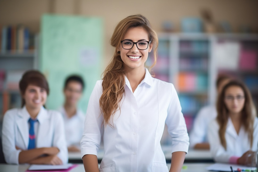 Smiling science teacher working on blurred background Smiling science teacher working on blurred background