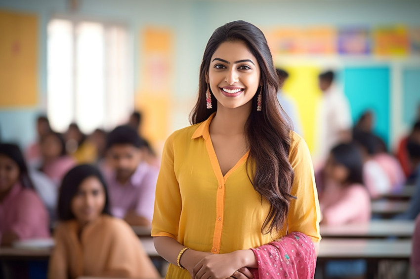 Indian female teacher smiling in a classroom Indian female teacher smiling in a classroom