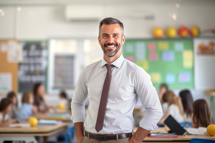 Smiling teacher in front of blurred background