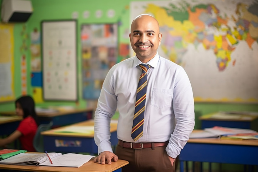 Indian male teacher smiling in elementary school Indian male teacher smiling in elementary school