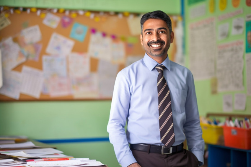 Friendly Indian male teacher works at elementary school Friendly Indian male teacher works at elementary school