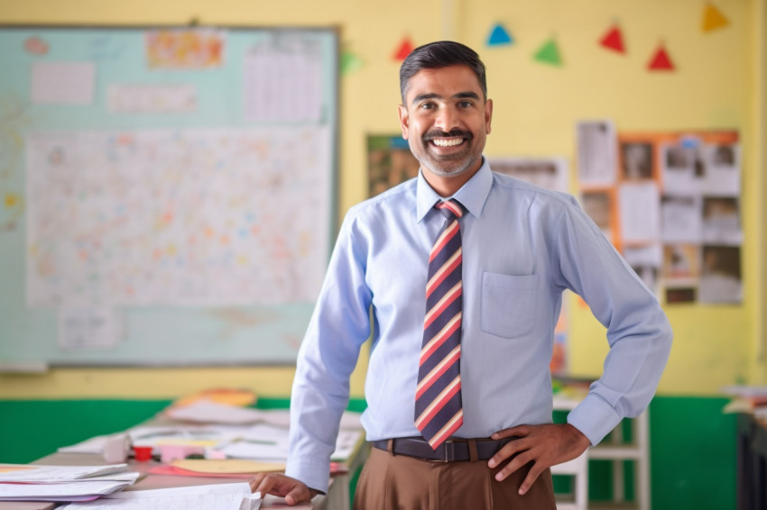 Friendly Indian male teacher works at elementary school Friendly Indian male teacher works at elementary school