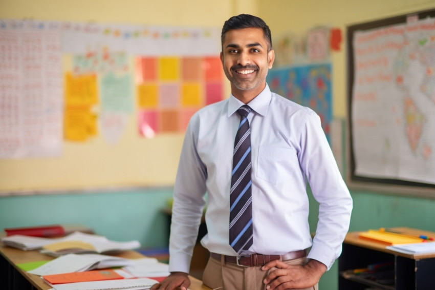 Friendly Indian male teacher works at elementary school Friendly Indian male teacher works at elementary school