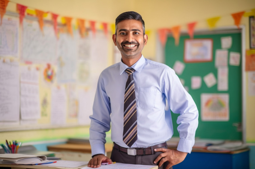 Friendly Indian male teacher works at elementary school Friendly Indian male teacher works at elementary school