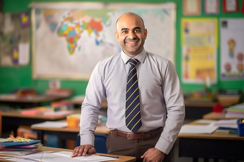 Indian male teacher smiling in elementary school Indian male teacher smiling in elementary school