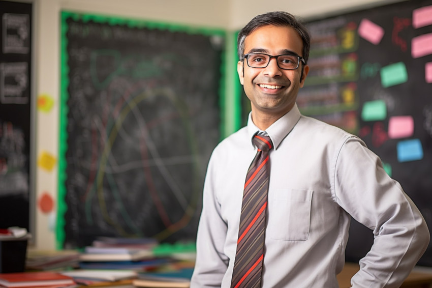 Smiling Indian male science teacher teaching students in a classroom Smiling Indian male science teacher teaching students in a classroom