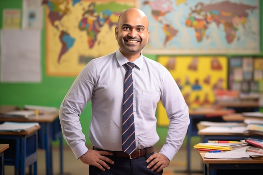 Indian male teacher smiling in elementary school Indian male teacher smiling in elementary school