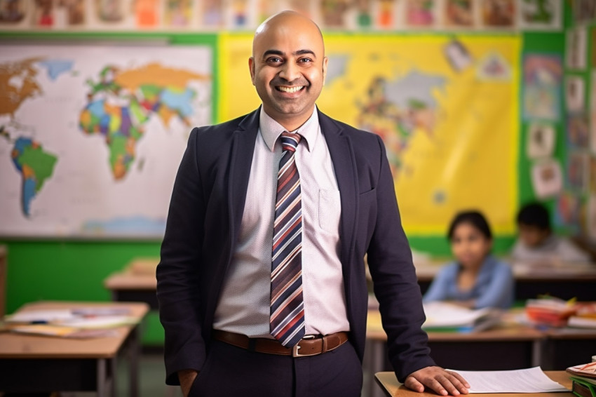 Indian male teacher smiling in elementary school Indian male teacher smiling in elementary school