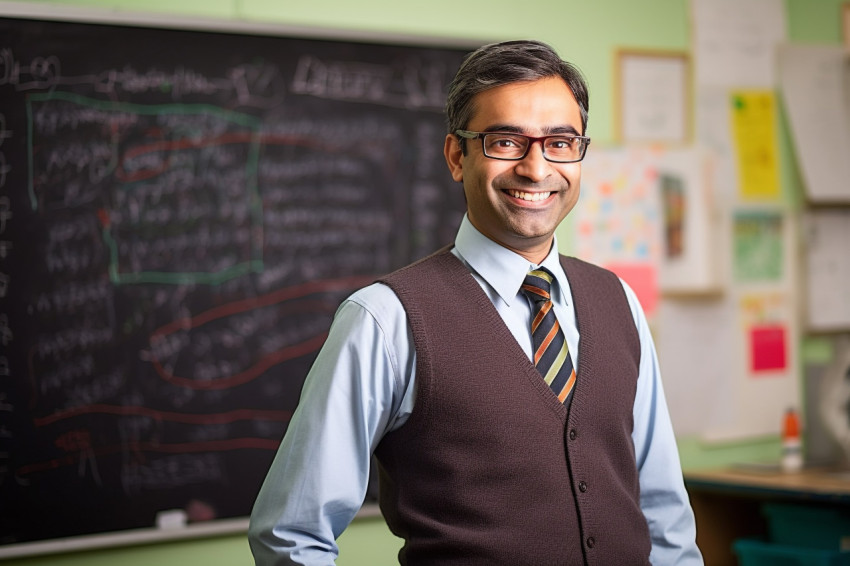 Smiling Indian male science teacher teaching students in a classroom Smiling Indian male science teacher teaching students in a classroom