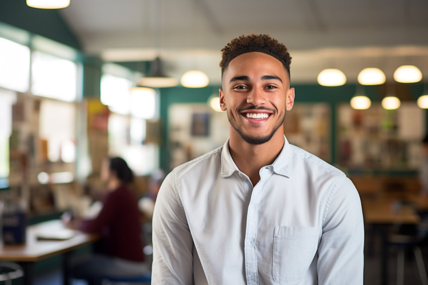 Smiling university student working on blurred background Smiling university student working on blurred background