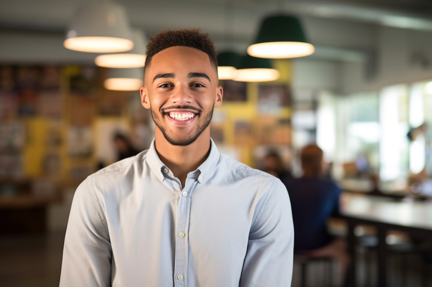 Smiling university student working on blurred background Smiling university student working on blurred background