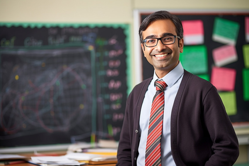 Smiling Indian male science teacher teaching students in a classroom Smiling Indian male science teacher teaching students in a classroom