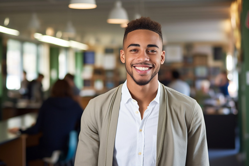 Smiling university student working on blurred background Smiling university student working on blurred background