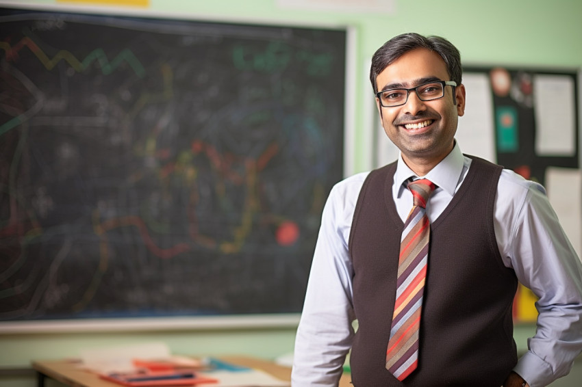 Smiling Indian male science teacher teaching students in a classroom Smiling Indian male science teacher teaching students in a classroom