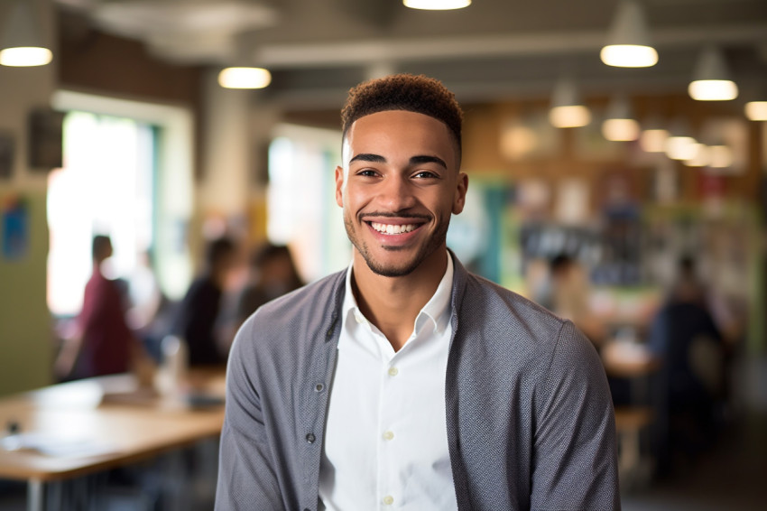 Smiling university student working on blurred background Smiling university student working on blurred background