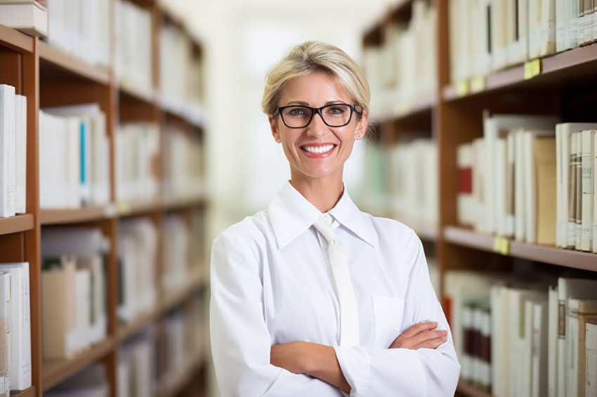 Cheerful librarian working in library Cheerful librarian working in library