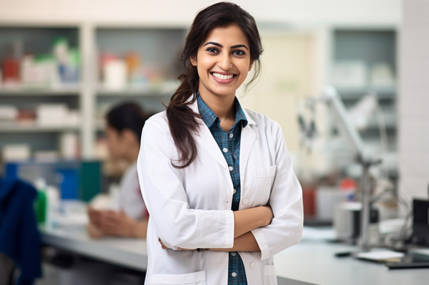 Indian female science teacher smiling in a classroom Indian female science teacher smiling in a classroom