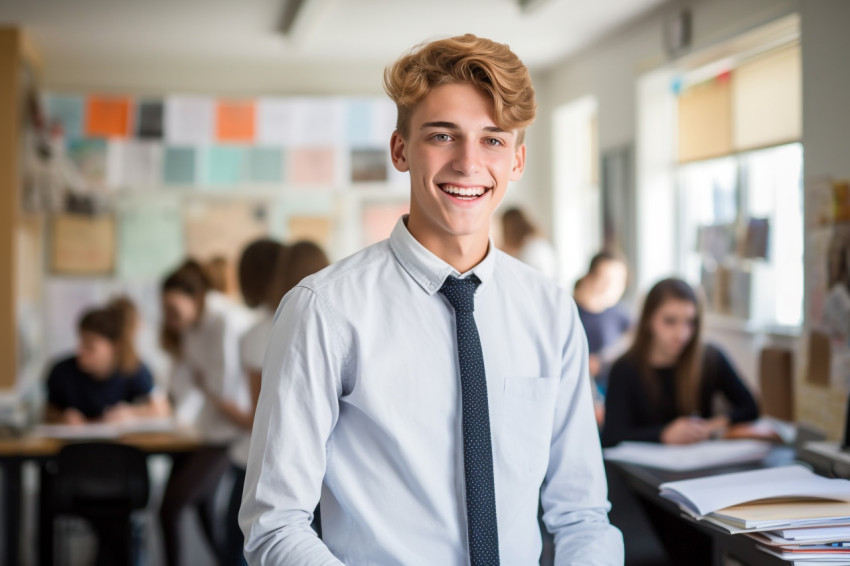 Happy high school student working blurred background