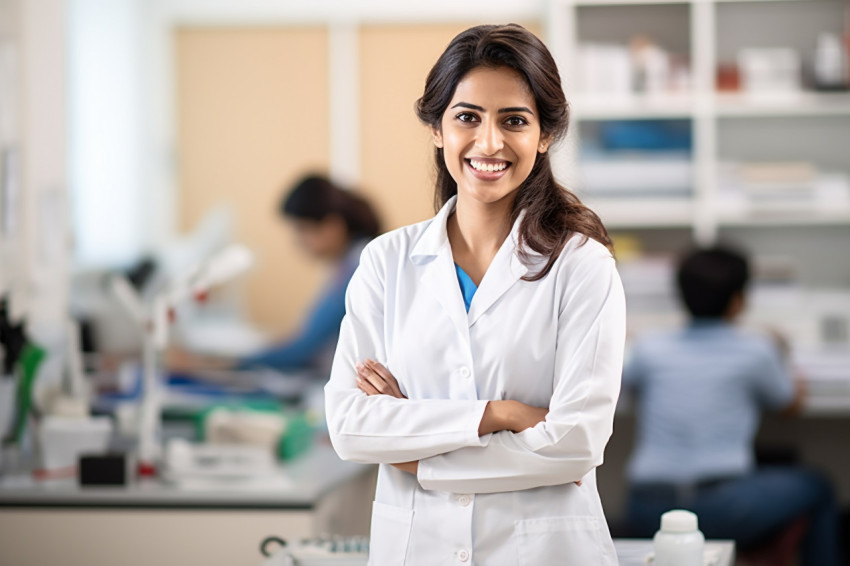 Indian female science teacher smiling in a classroom Indian female science teacher smiling in a classroom