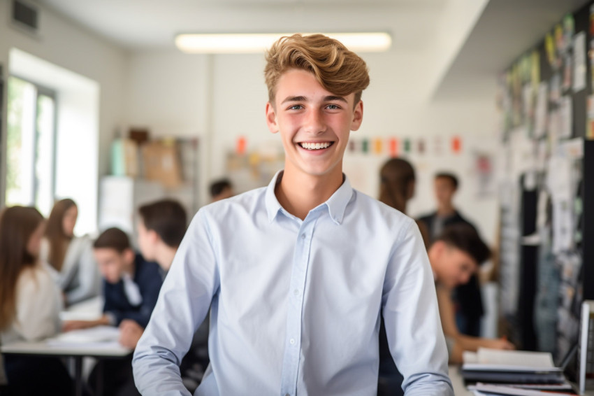 Happy high school student working blurred background