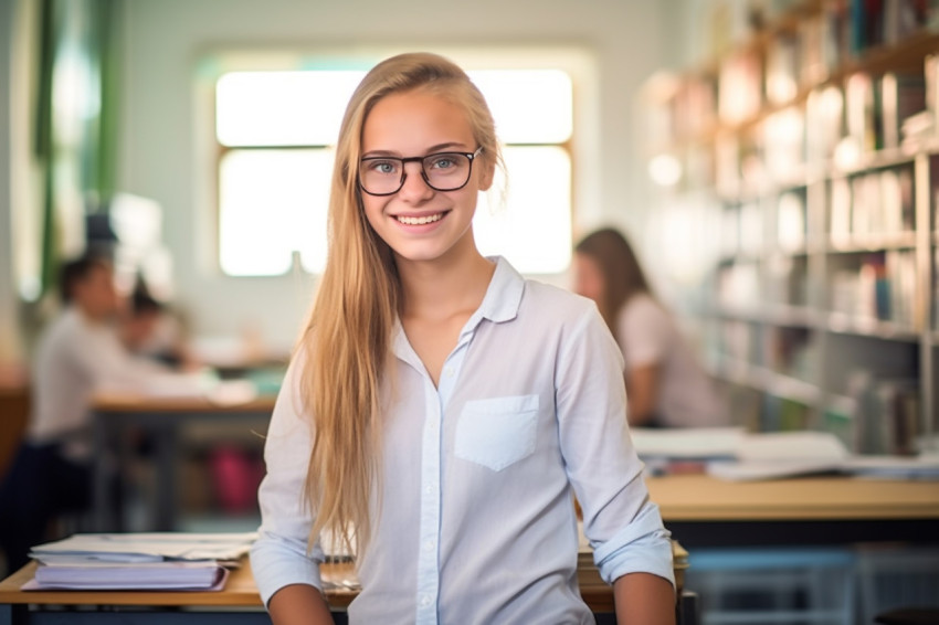 Smiling female middle school student working on a blurry background Smiling female middle school student working on a blurry background