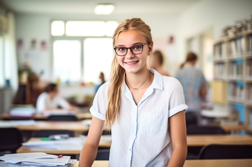 Smiling female middle school student working on a blurry background Smiling female middle school student working on a blurry background