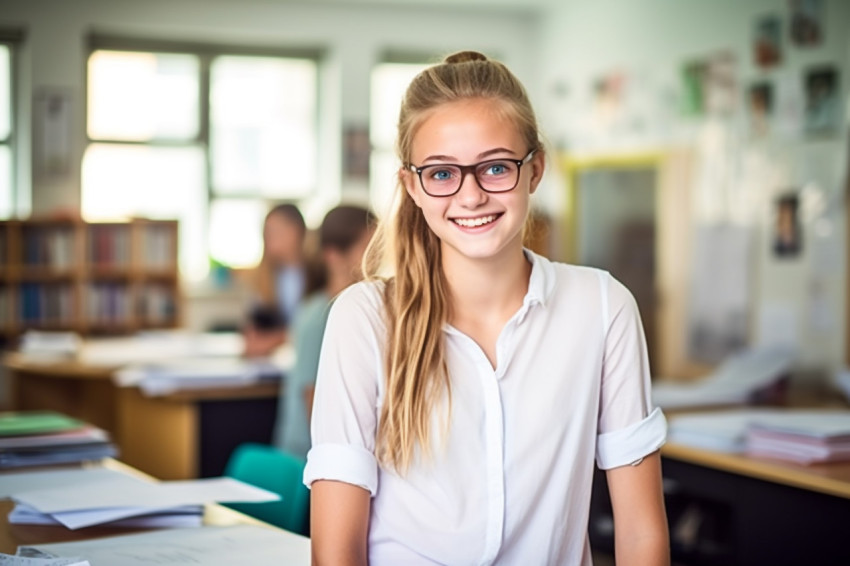 Smiling female middle school student working on a blurry background Smiling female middle school student working on a blurry background