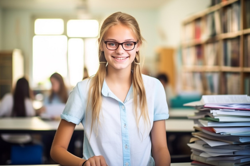 Smiling female middle school student working on a blurry background Smiling female middle school student working on a blurry background