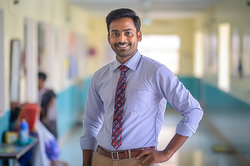 Friendly Indian male teacher working on blurred background Friendly Indian male teacher working on blurred background