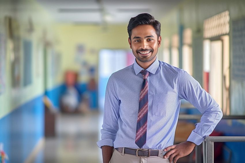 Friendly Indian male teacher working on blurred background Friendly Indian male teacher working on blurred background