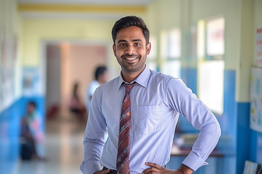 Friendly Indian male teacher working on blurred background Friendly Indian male teacher working on blurred background