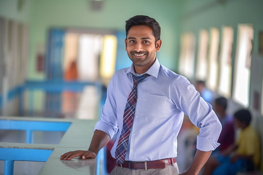 Friendly Indian male teacher working on blurred background Friendly Indian male teacher working on blurred background