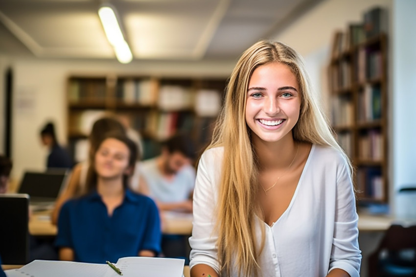 Smiling female college student working in a blurred background Smiling female college student working in a blurred background