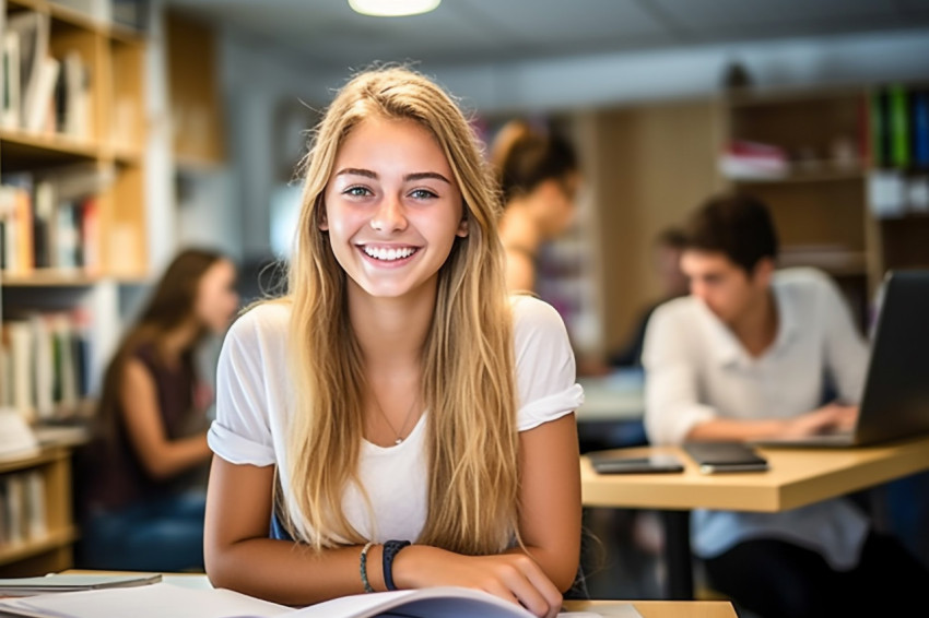 Smiling female college student working in a blurred background Smiling female college student working in a blurred background