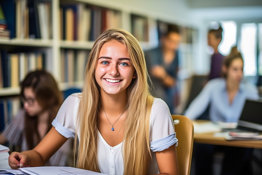 Smiling female college student working in a blurred background Smiling female college student working in a blurred background