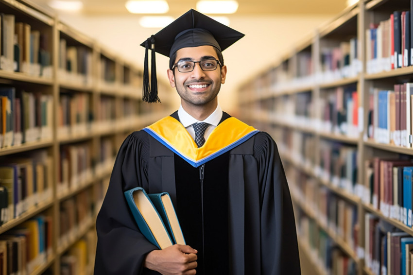 Indian male graduate student working on blurred background Indian male graduate student working on blurred background