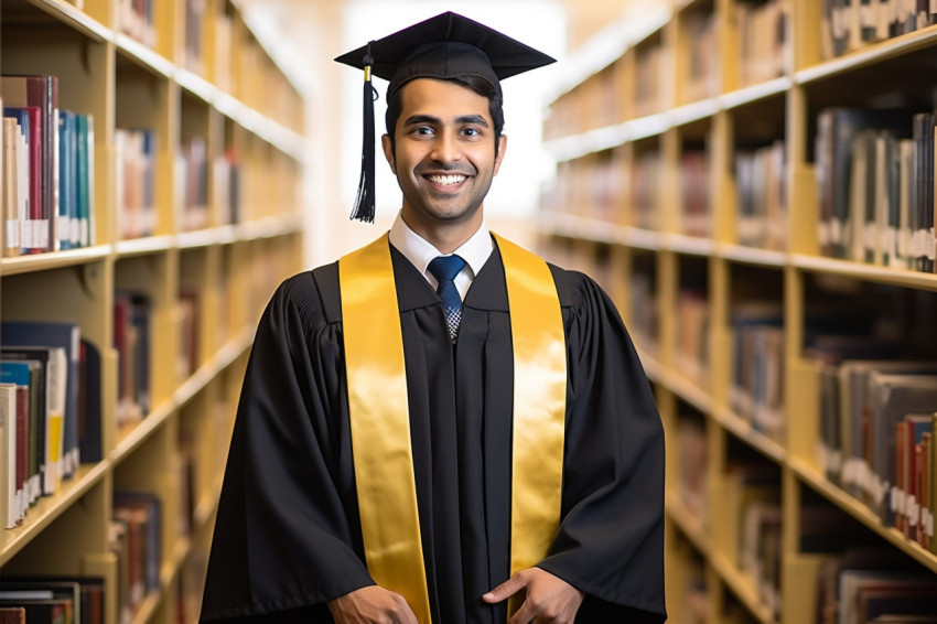 Indian male graduate student working on blurred background Indian male graduate student working on blurred background