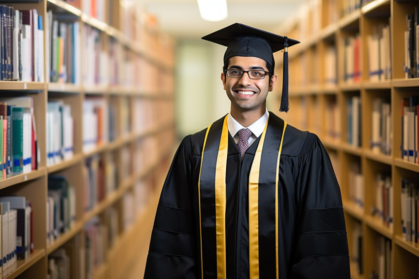 Indian male graduate student working on blurred background Indian male graduate student working on blurred background