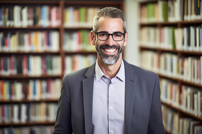 Smiling male librarian working in a library Smiling male librarian working in a library