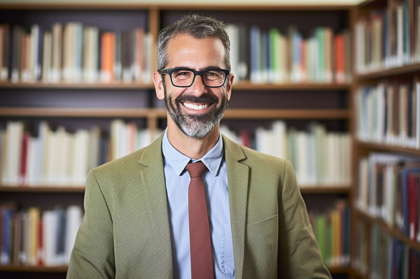 Smiling male librarian working in a library Smiling male librarian working in a library