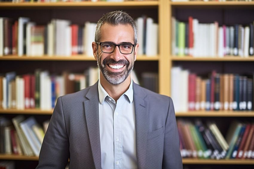 Smiling male librarian working in a library Smiling male librarian working in a library