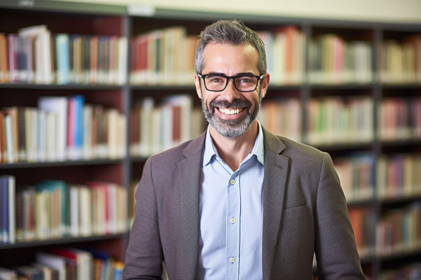 Smiling male librarian working in a library Smiling male librarian working in a library