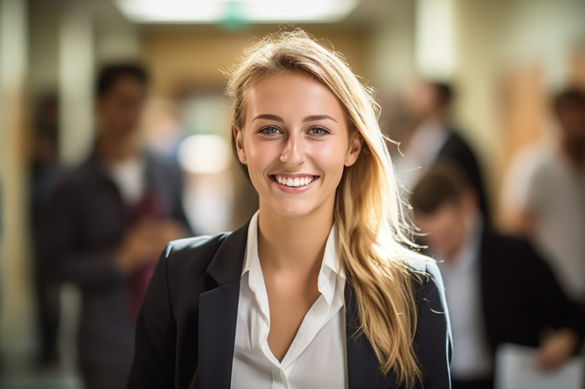 Smiling female student working on blurred background