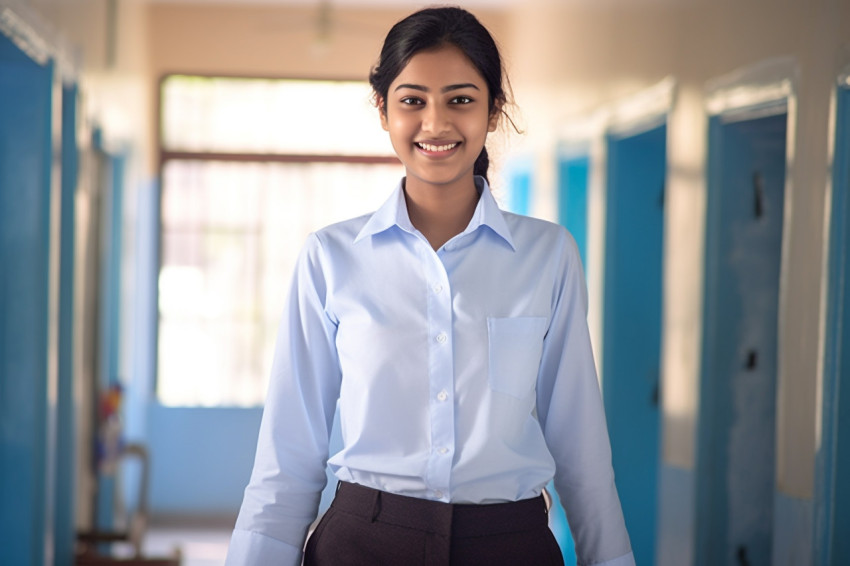 Indian female high school student working with a smile Indian female high school student working with a smile